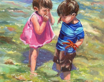 Children playing ORIGINAL oil painting, Summer realistic artwork oil on panel, Emotive art, Cute children beach oil painting, Seascape art