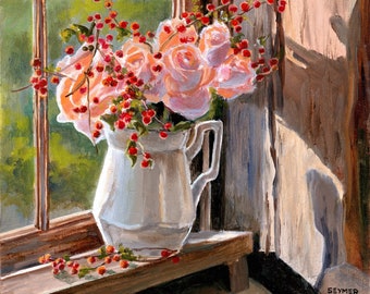 花の静物画、オリジナル油絵、花束のフラワーアート、バラの花の絵