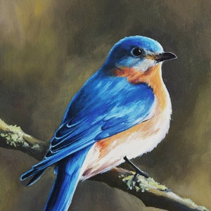 Eastern blue bird artwork, Bird of happiness wall art, ORIGINAL bird oil painting, America wildlife portrait, Bluebird gift Mothers day gift
