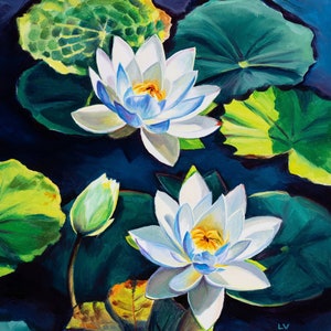 Large water lily pond oil painting, Water flowers ORIGINAL artwork, Waterlilies boho wall art, Fine art painting original, Yoga studio decor