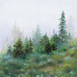 Foggy trees painting ORIGINAL, Misty green landscape Fir trees fog Neutral living room decor wall art  Moody landscape Farmhouse kitchen art