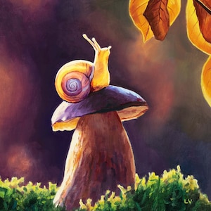 Cute snail oil painting, Small framed mushroom artwork, Autumn woodland wall art, Backlit painting, Cozy animal decor, Forest lover gift