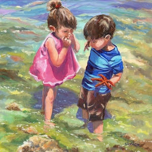 Enfants jouant de la peinture à l'huile ORIGINAL, oeuvre d'art réaliste d'été à l'huile sur panneau, art émotif, peinture à l'huile d'enfants mignons de plage, art de paysage marin