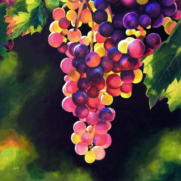 Peinture à l'huile de raisin ORIGINALE réaliste, oeuvre d'art vintage nature morte de fruits, peinture de vignoble californien, décoration de cave, art de salle à manger de ferme