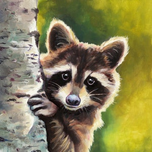 Opera d&#39;arte ORIGINALE di procione, ritratto dipinto a olio di animali selvatici, arte murale di creature della foresta, scenario in legno, decorazione per casa sul lago, regalo per amanti della natura per ragazza