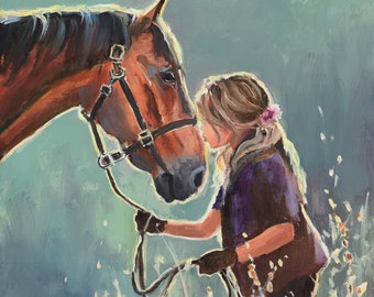 少女と馬の絵画オリジナル、カウボーイの馬のアート作品、南西部の装飾