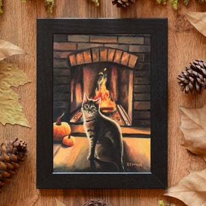 Peinture de chat d'Halloween, oeuvre de citrouille, art ORIGINAL de chat, peinture de cheminée, décor d'automne rustique, décor d'halloween primitif, cadeau pour amoureux des chats