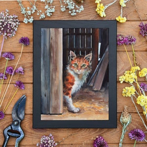 Peinture à l'huile originale de chat, oeuvre d'art de chat tigré orange, art de chat encadré pour le décor de mur de pays, art de chat vintage d'art de chat de grange de ferme