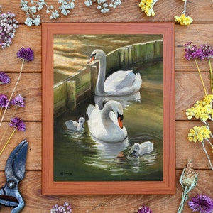 Swan original painting, Pond wall art, White swan, Nature wildlife animal, Oil painting original, Bird artwork, Lake house decor, Art framed