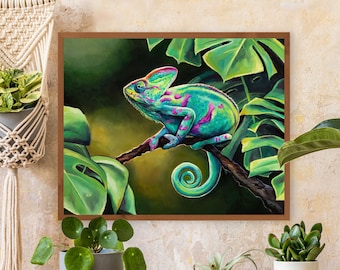 グリーンカメレオンアートプリント、爬虫類の油絵、熱帯動物のアート
