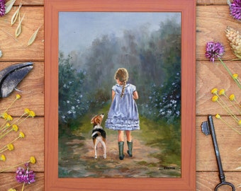 少女の絵画オリジナル、ビーグル犬のヴィンテージアート、動物の壁掛け