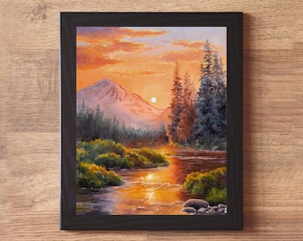 スプルースの森のオリジナル油絵、川と山のアート作品、晴れた夕日の