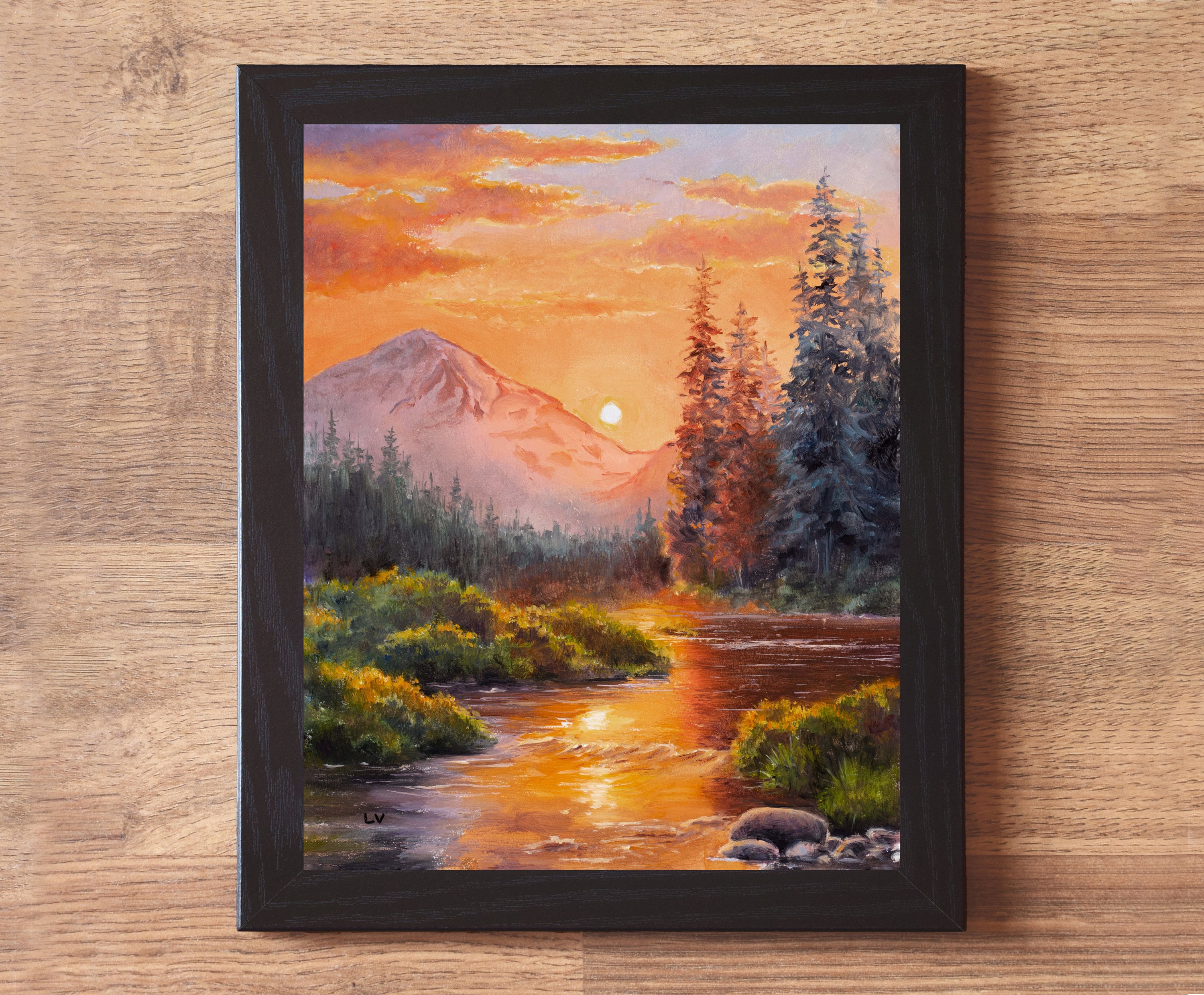 スプルースの森のオリジナル油絵、川と山のアート作品、晴れた夕日の