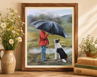 Süßer Regnerischer Tag PRINT, Junge mit Regenschirm Gemälde, Kinder Poster, Border Collie im Feld Herbst regen, Haustier Freunde Kinderzimmer Dekor
