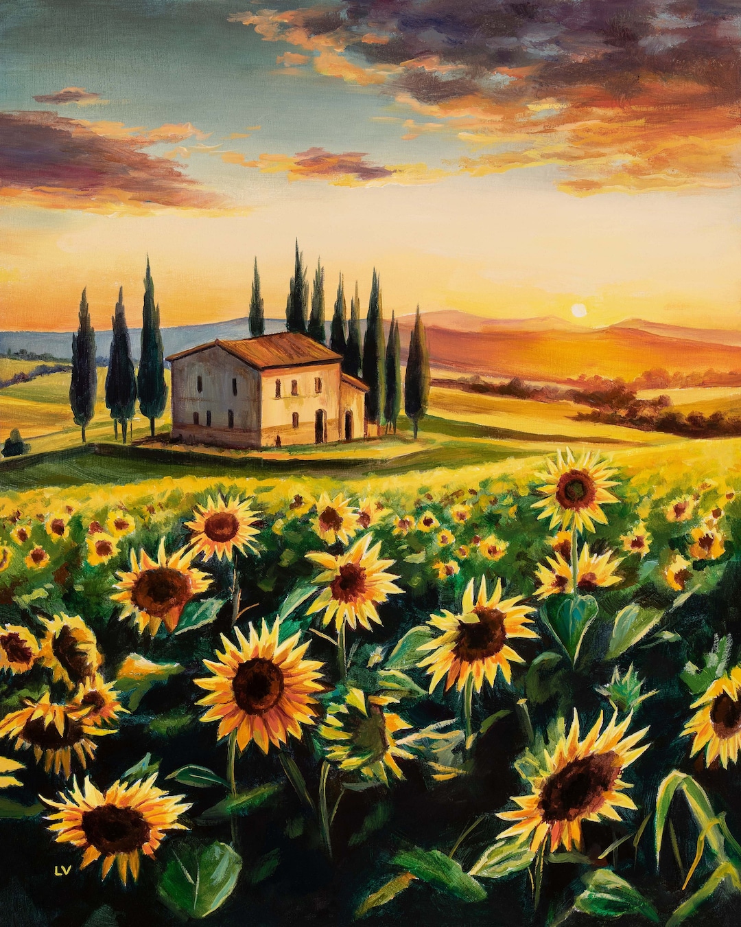 Sunflower Field Oil Painting, 20x24 inches. Nature Landscape Art”