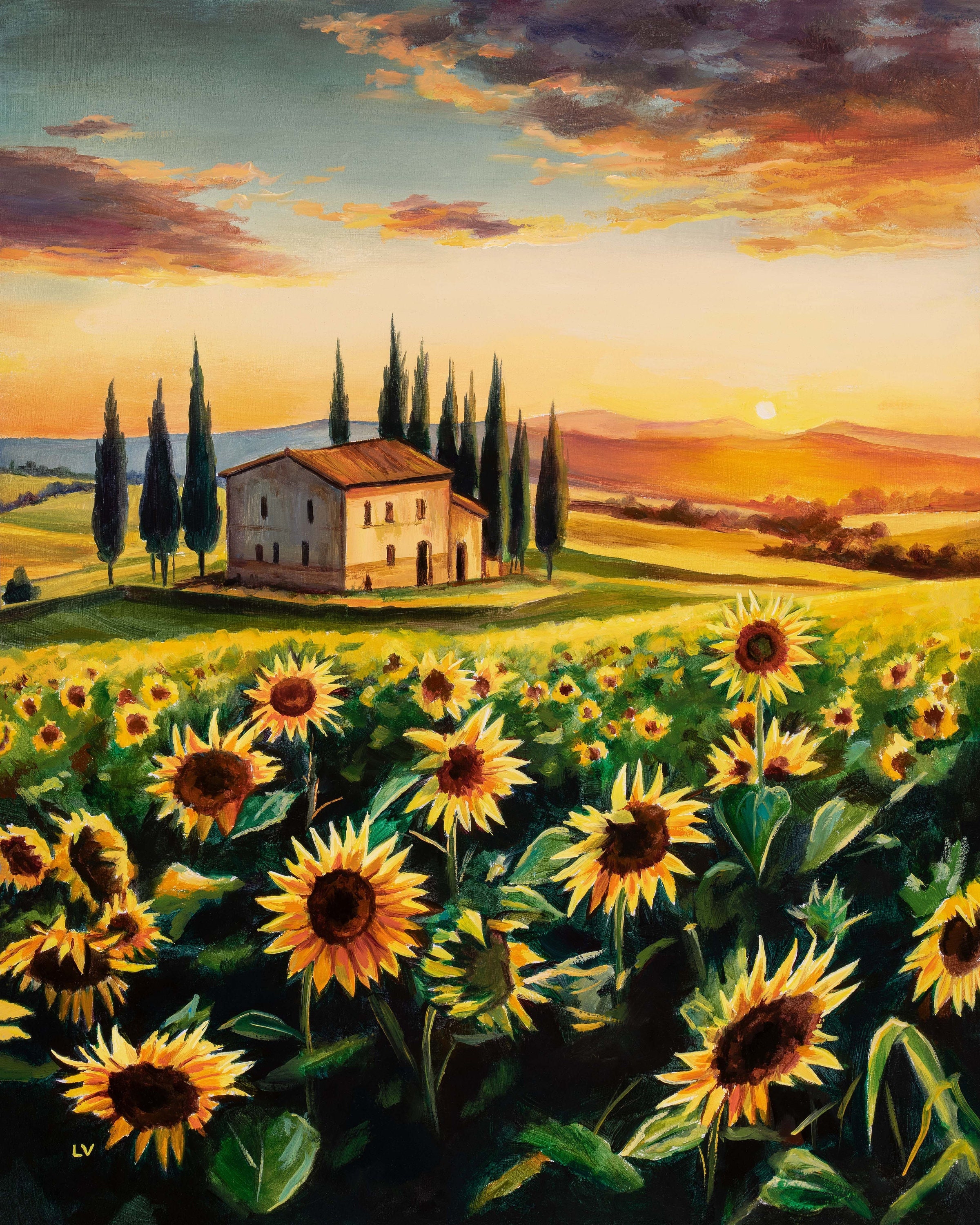 ORIGINAL Sunflowers Landscape Oil Painting, Tuscany Fields Artwork