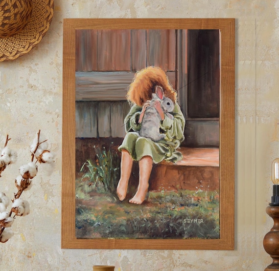 Rural life painting PRINT, Vintage bunny art, Farmhouse decor Animal art Emotive painting Old barn little girl portrait Cabin decor wall art