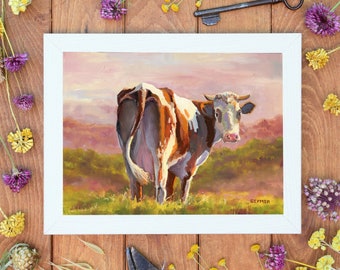 牛の絵、農家風オリジナル作品、牛のいる風景、乳牛の牧草地のアート