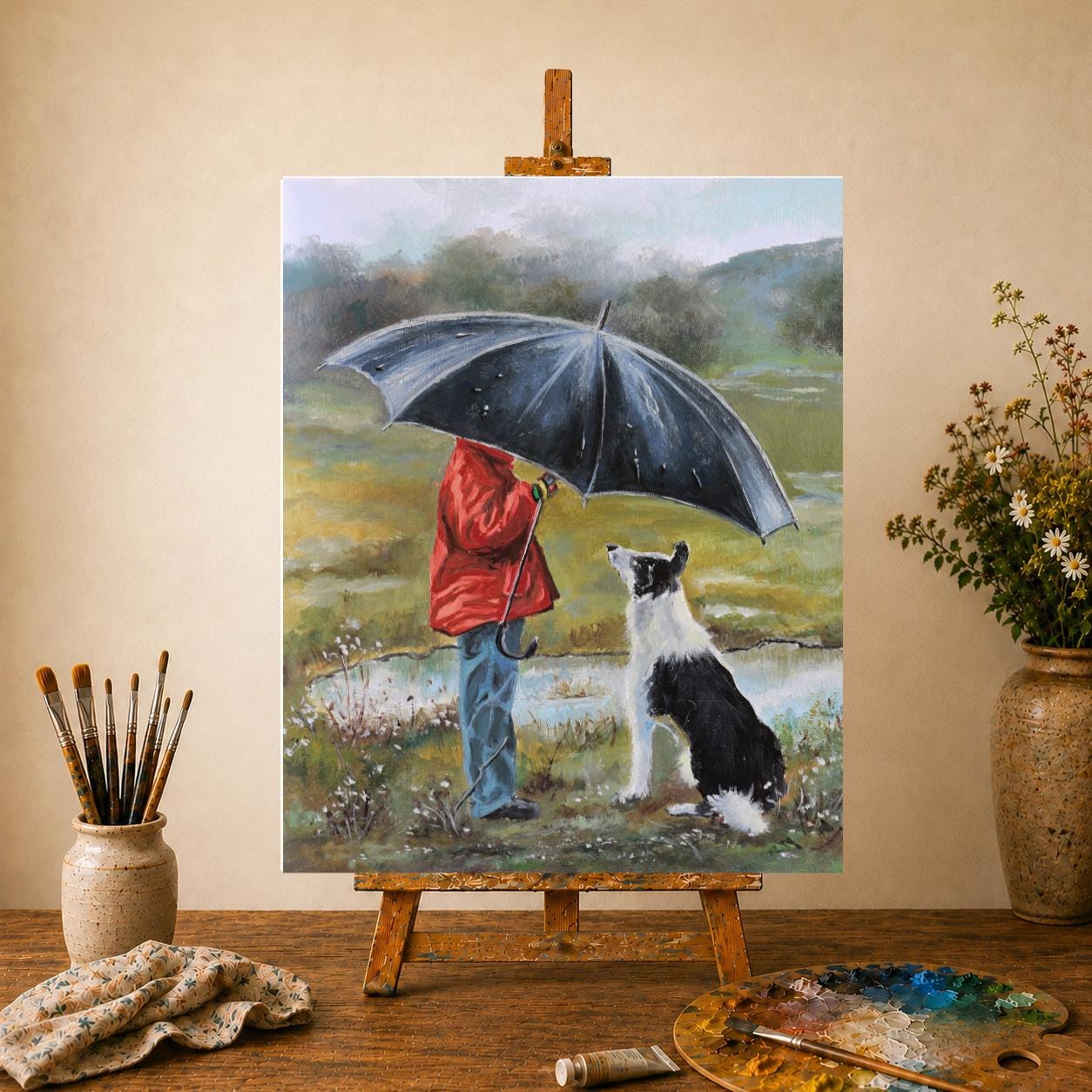 男の子と犬のアート、犬好きへのギフト、犬の油絵、ボーダーコリーの