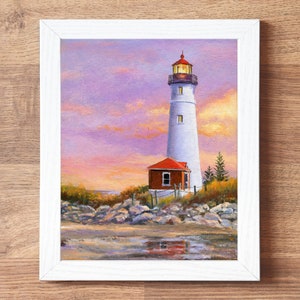 Lighthouse ORIGINAL painting, Sunset beach art framed, Crisp point lighthouse fine art, Seascape wall art Beach house decor Nautical artwork White frame