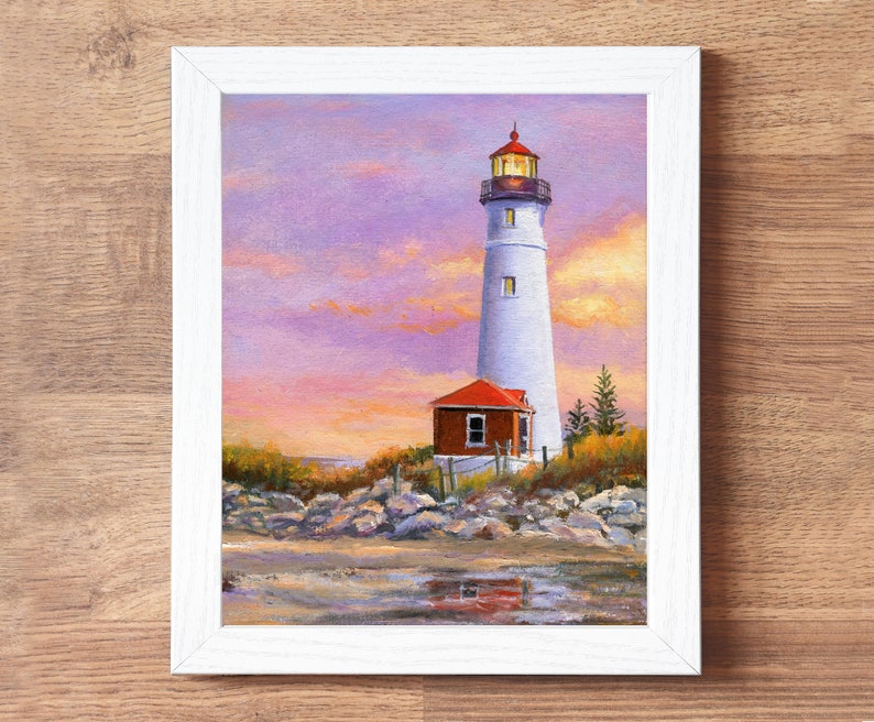 Lighthouse ORIGINAL painting, Sunset beach art framed, Crisp point lighthouse fine art, Seascape wall art Beach house decor Nautical artwork White frame