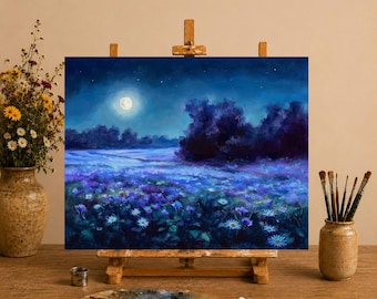 Nocturne Landscape Oil Painting, Night Flower Field ORIGINAL