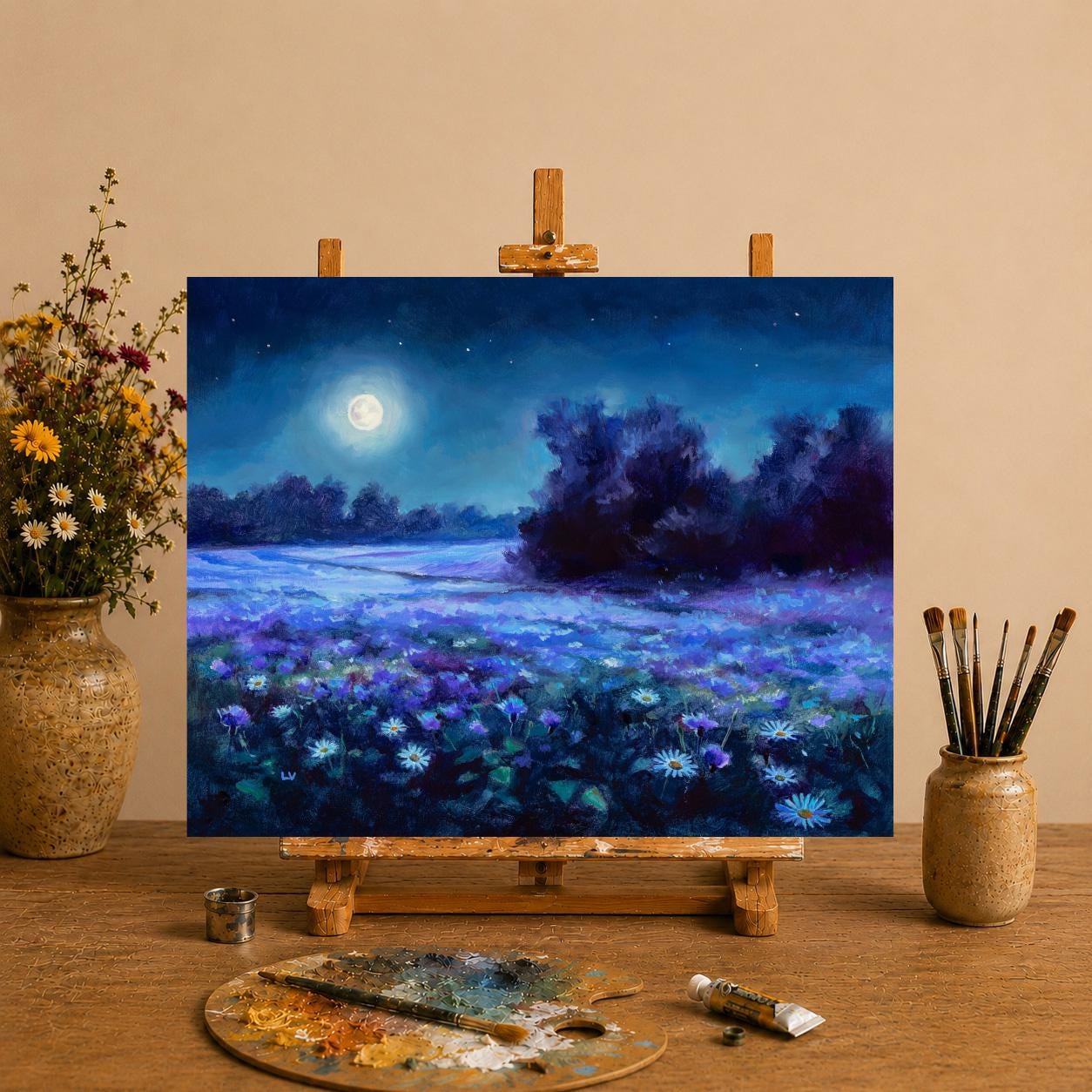 Nocturne Landscape Oil Painting, Night Flower Field ORIGINAL