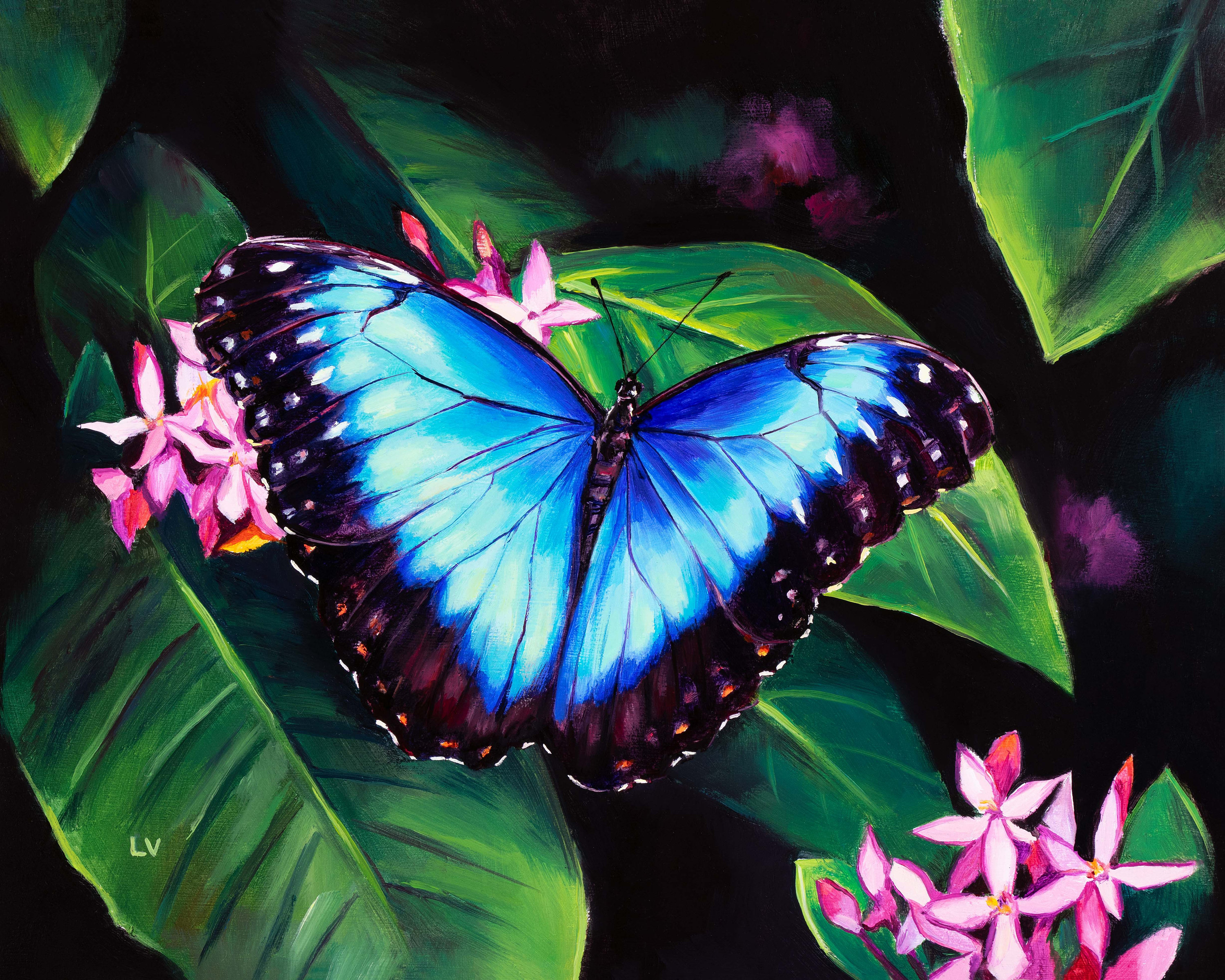 Butterfly and Flowers ORIGINAL Oil Painting, Large Blue Butterfly