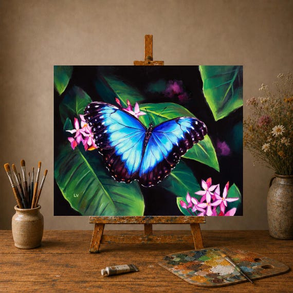 絵画 butterfly Butterfly and Flowers ORIGINAL Oil Painting, Large Blue Butterfly