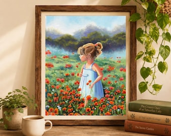 小さな女の子の絵 プリント 子供の油絵 野原の少女 小さな女の子の田舎