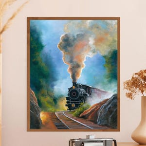 Steam locomotive PRINT, Old train wall art poster, Smoky mountains painting, Railway artwork, Boys kids room decor, Steam train lover gift
