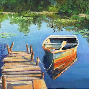 Fishing boat ORIGINAL oil painting, Water liles river artwork, Jetty river with boat for fishing lovers, Original art river, Boat wall art