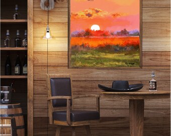 赤い夕焼けの絵画オリジナル、穏やかな川の壁アート、カラフルな油絵の