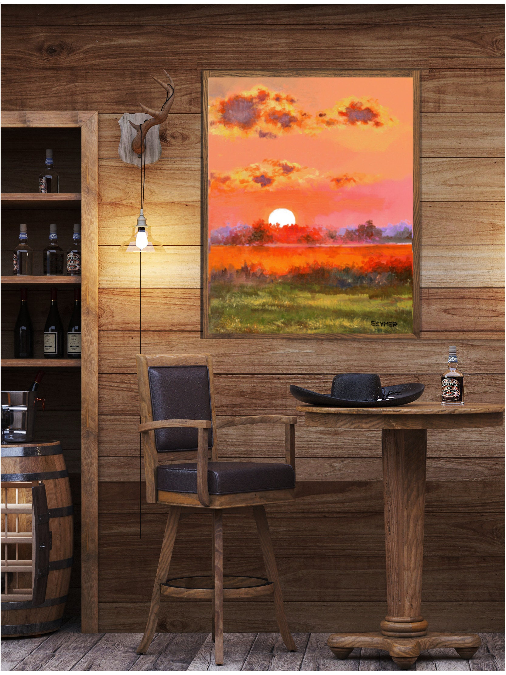 赤い夕焼けの絵画オリジナル、穏やかな川の壁アート、カラフルな油絵の