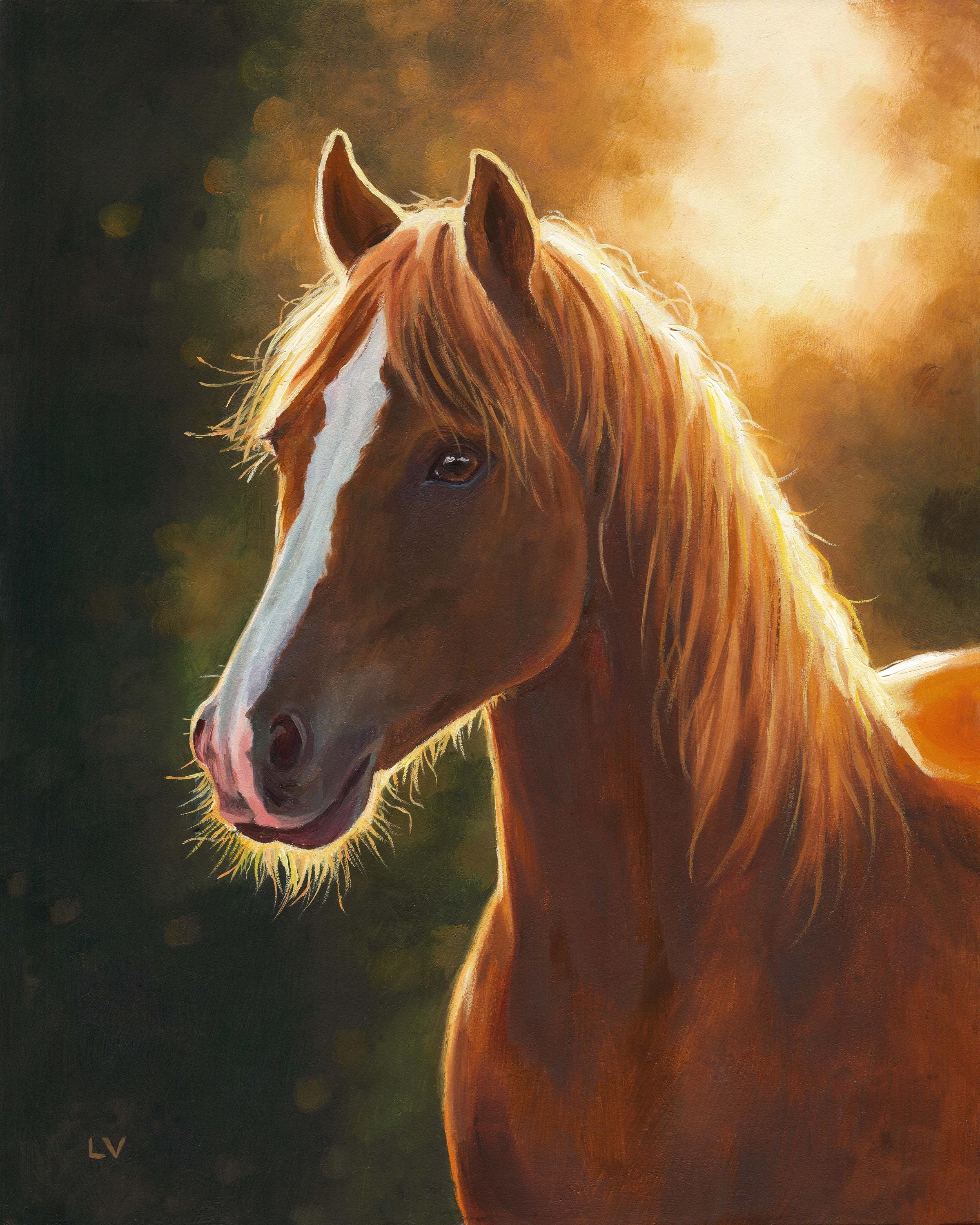 栗毛の馬の油絵オリジナル、茶色と白の馬の肖像画、小さな馬のアート