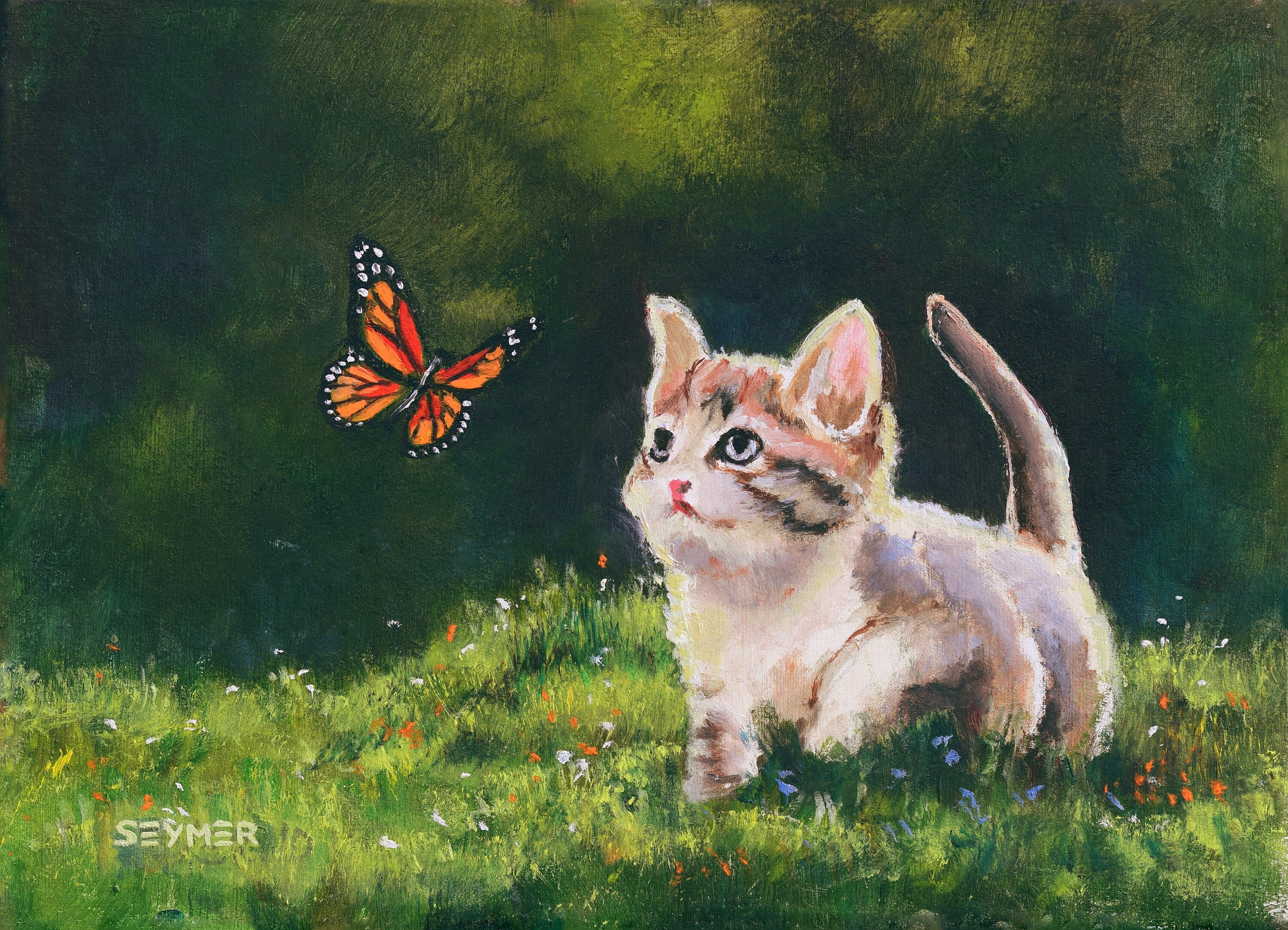 キティオリジナル油絵 風景の中の子猫のミニ絵画 ヴィンテージ猫
