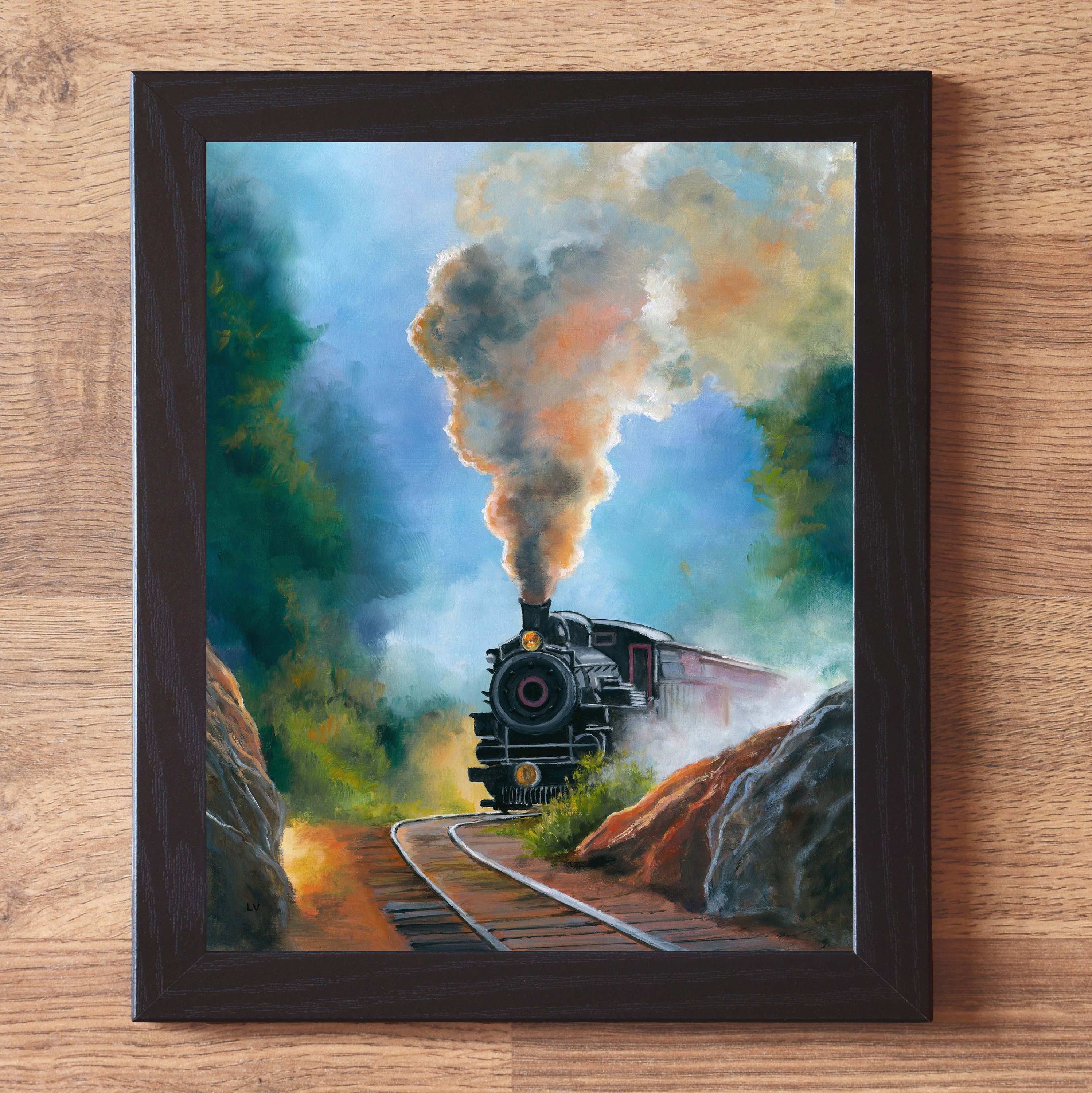 蒸気機関車の風景画、ヴィンテージ蒸気機関車のアートワーク、鉄道