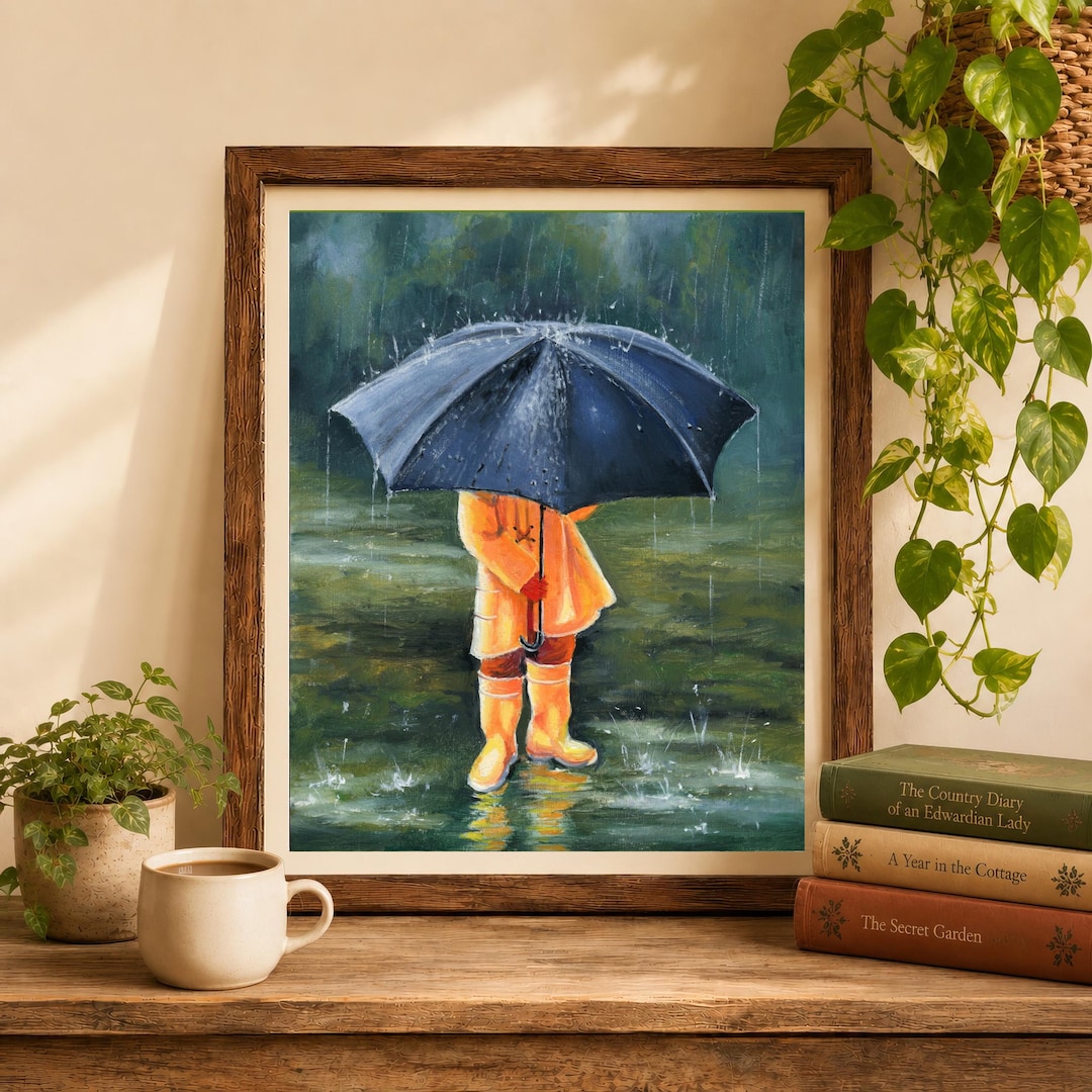 子供用傘プリント、雨の日のアートワーク、具象芸術、子供の油絵、雨の