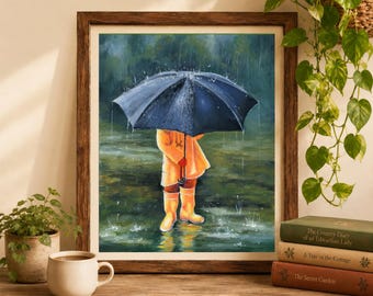 子供用傘プリント、雨の日のアートワーク、具象芸術、子供の油絵、雨の