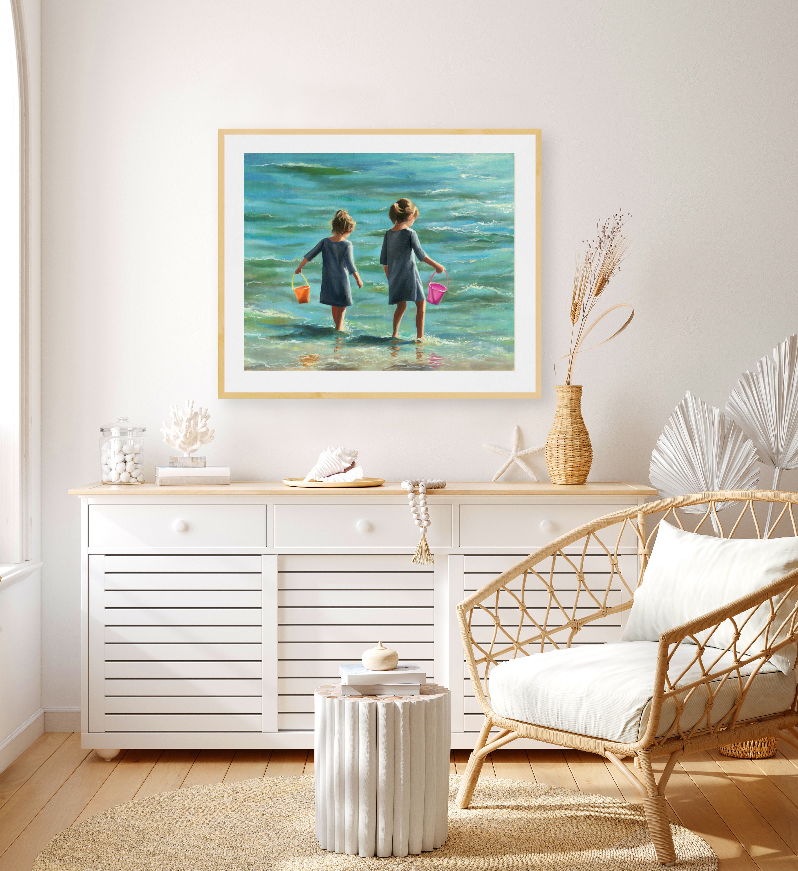 Children Playing on the Beach Painting PRINT, Sisters Portrait Artwork ...