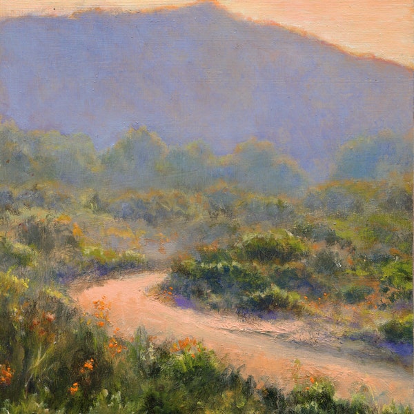 California landscape ORIGINAL oil painting, Country landscape artwork, wildflower wall art, Nature framed painting 6x8 inches, Country road