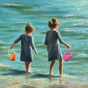 ORIGINAL children oil painting, Summer beach art, Child portrait seascape artwork, Framed oil painting, Sister gift, Nursery decoration art