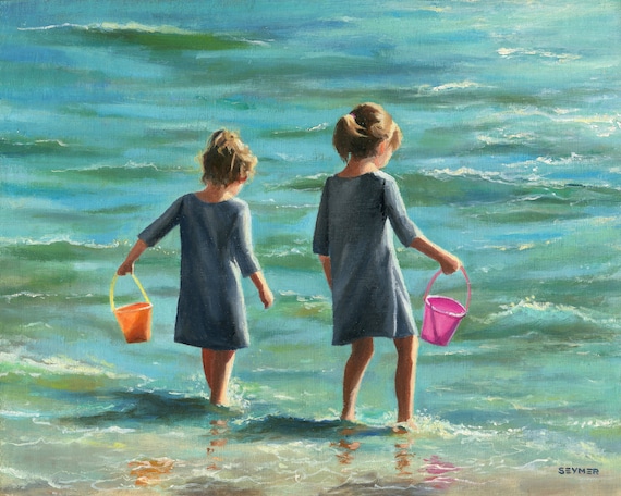 ORIGINAL children oil painting, Summer beach art, Child portrait seascape artwork, Framed oil painting, Sister gift, Nursery decoration art