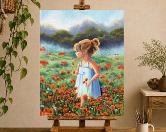 油絵 絵 絵画 インテリア 額付(銀) F4-051513 可愛い子供たち 少女の絵、子供の油絵、ポピー畑の子供の絵、子供部屋の女の子のための