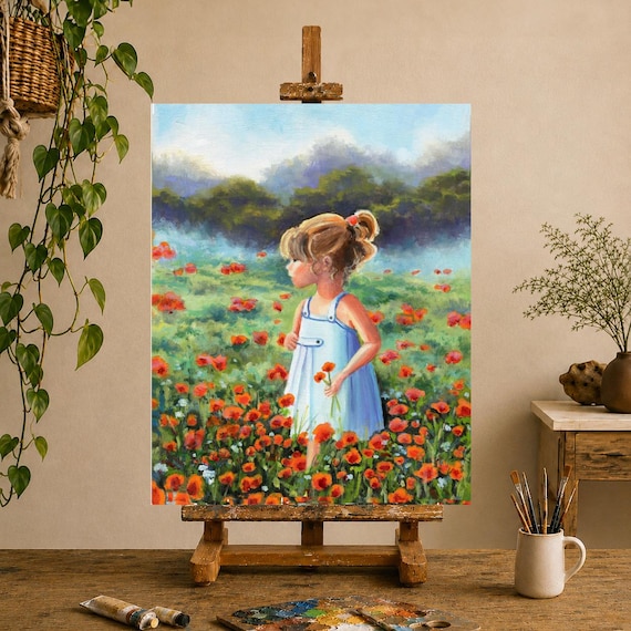 少女の絵、子供の油絵、ポピー畑の子供の絵、子供部屋の女の子のための