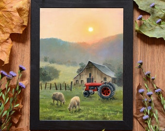 農家の絵画、田舎の家のオリジナル、納屋の風景画、田舎暮らしのアート