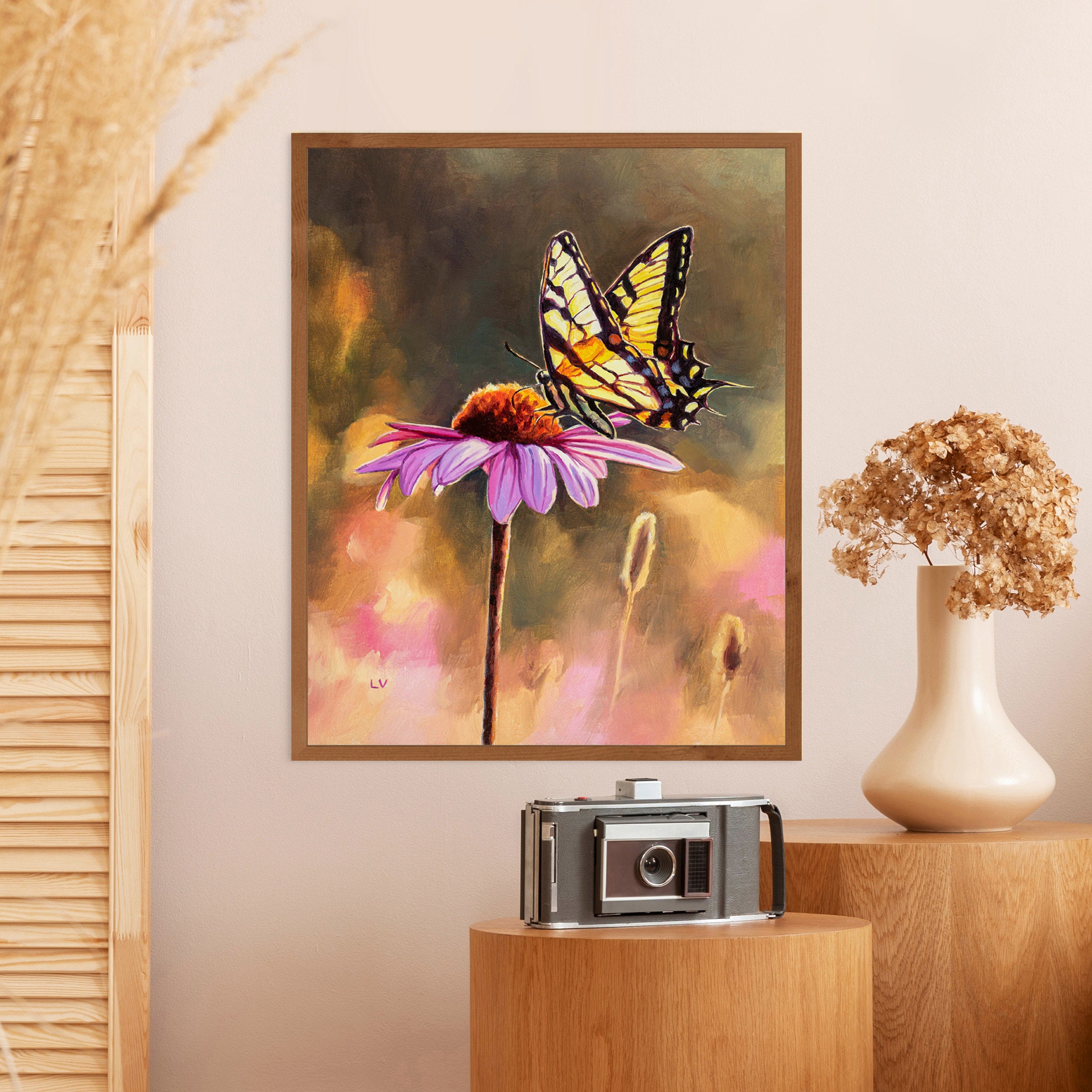 Tableau broderie plantes et fleurs style crewel - année 70 - bon état - Décoration
