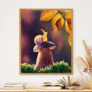 Snail and mushroom art PRINT, Magic forest painting, Whimsical creature wall art, Fairy tale print, Cabin cottagecore wall decor, Snail gift