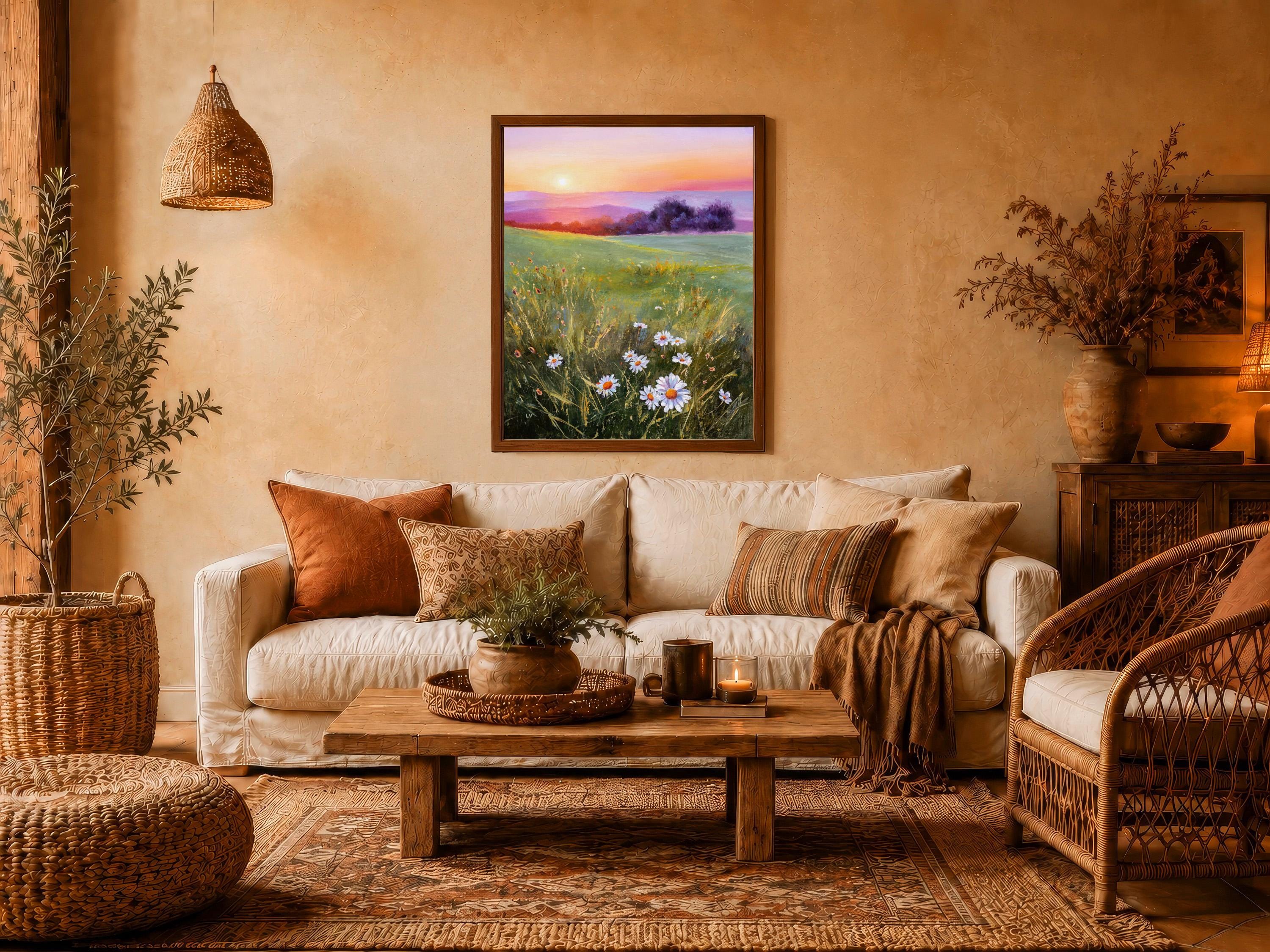野の花のオリジナル絵画、草原のデイジーの風景、夕焼けの野の花の