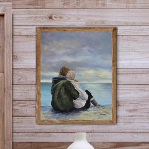 Liebe Malerei Kunstdruck, Liebhaber Sonnenuntergang Strand Kunstwerk, Romantische Strand Landschaftskunst, Verliebte Paar, Bewölkte Meer Malerei
